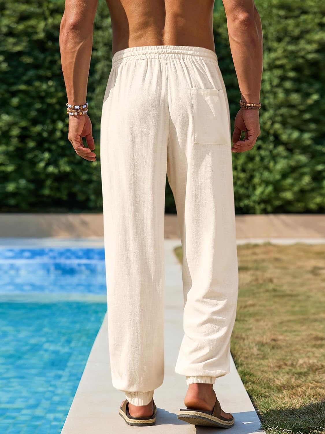 Runcati Mens Casual Pants Elastic Waist Drawstring Summer Cotton Jogger Pants Linen Yoga Beach Trousers with Pockets - Image 3