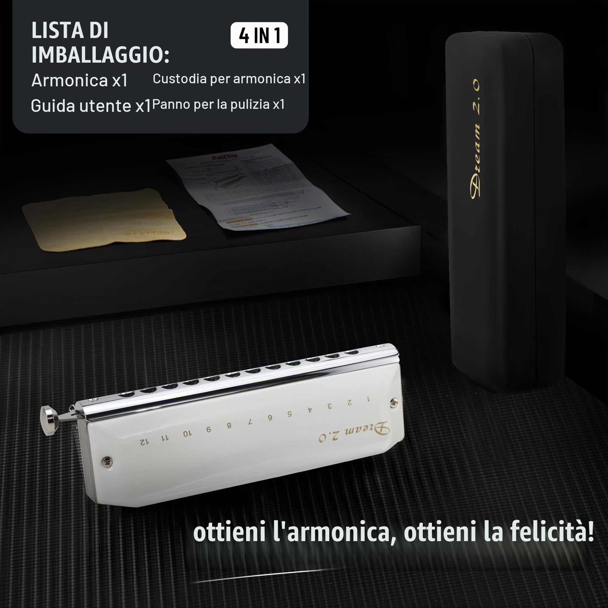EAST TOP Armonica cromatica in chiave di do, 12 fori, 48 toni, professionale, per adulti, professionisti e studenti, colore bianco
