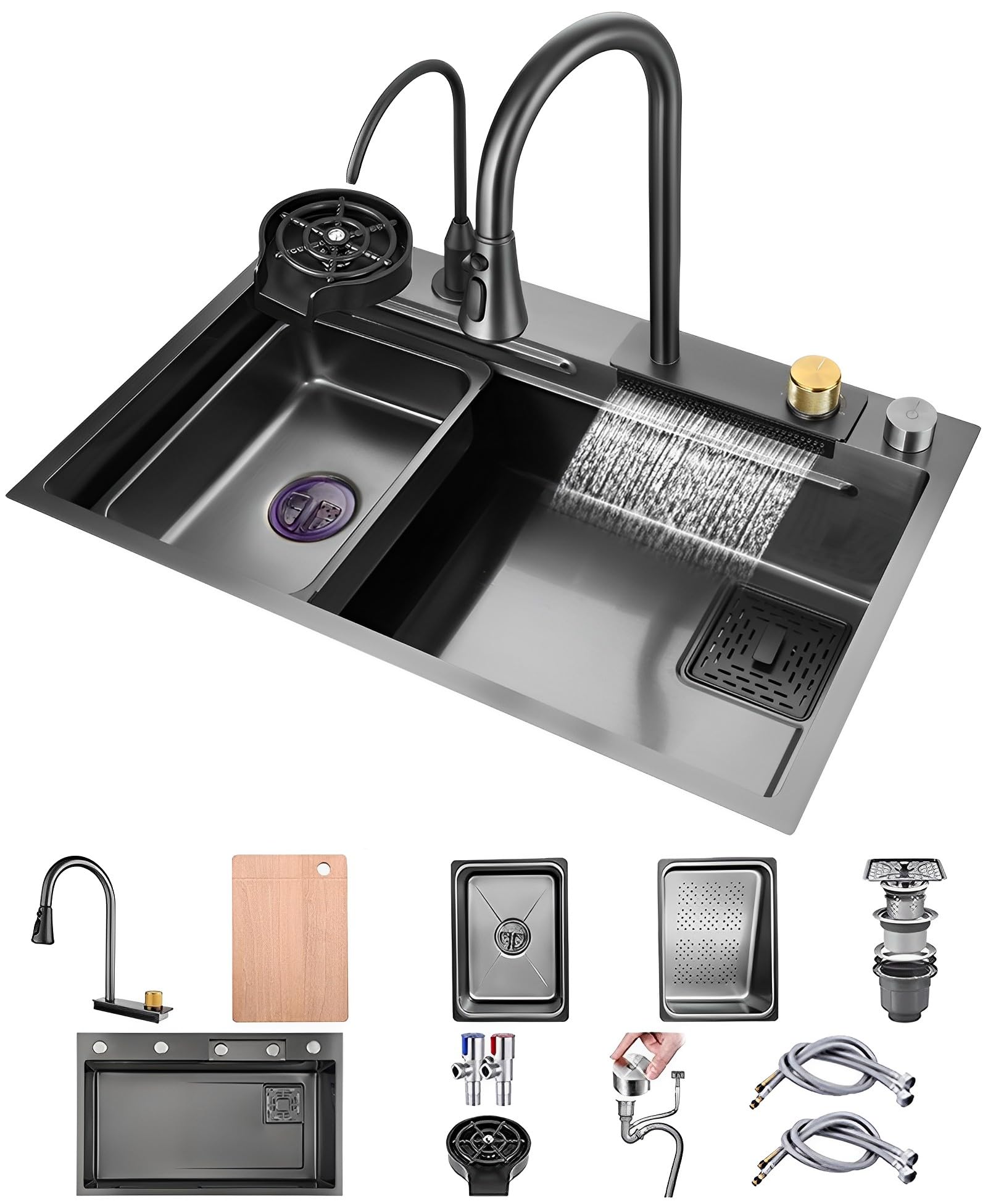 ZQFHSX Waterfall Kitchen Sink, Countertop Sink Made of Stainless Steel for Bar, Nano Single Multifunctional Workplace with Extendable Tap, 2 Draining Baskets, Chopping Board (One Colour)