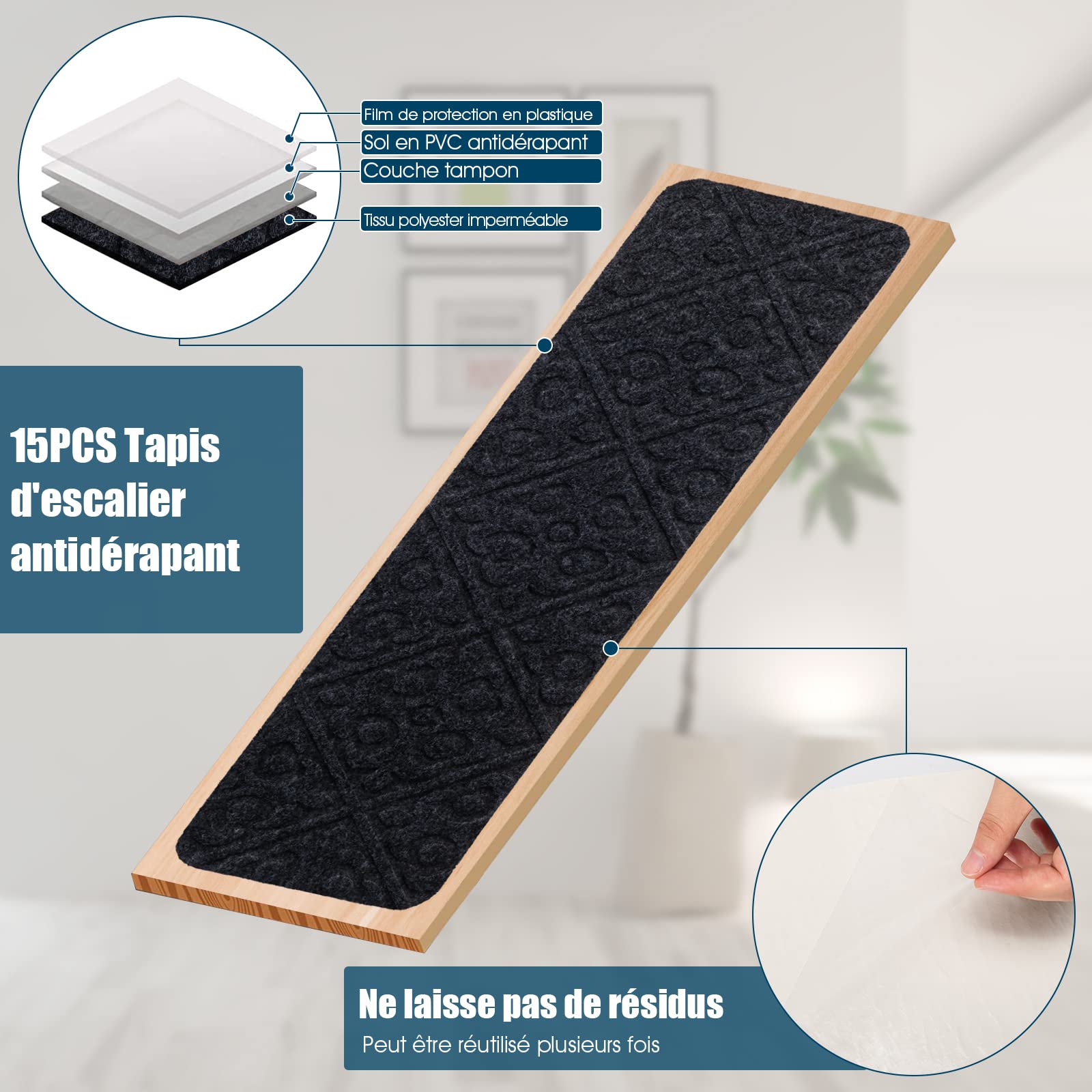 COSTWAY Lot de 15 Marchettes d'Escalier Antidérapant 20 x 76 cm Tapis de Protection Autocollants, Sécurité pour Enfants, Personnes Agées et Animaux Domestiques avec Adhésif Réutilisable (Gris)