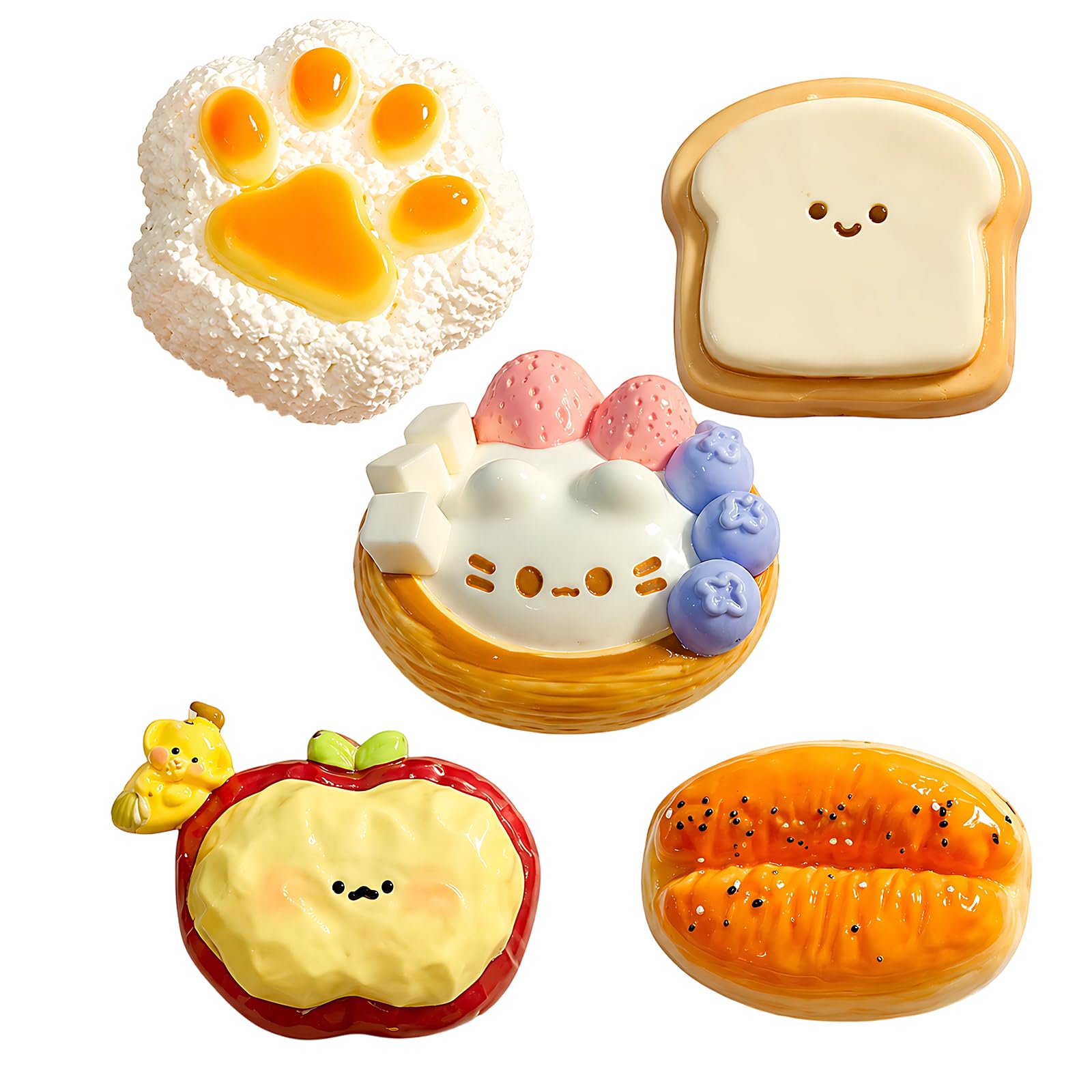 5Pcs Squishies 5-Piece Set, Soft Sensory Fidget Items, Food-Themed Squishy Collection with Egg Tart, Doughnut, Toast, Cat Paw and Apple Designs