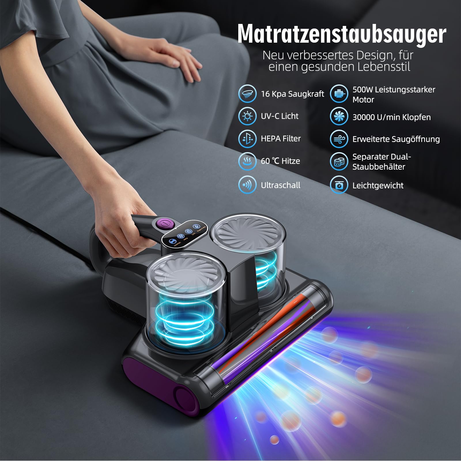 Milbensauger für Matratzen 16Kpa Saugkraft UV-C Licht HEPA Filter Bettstaubsauger