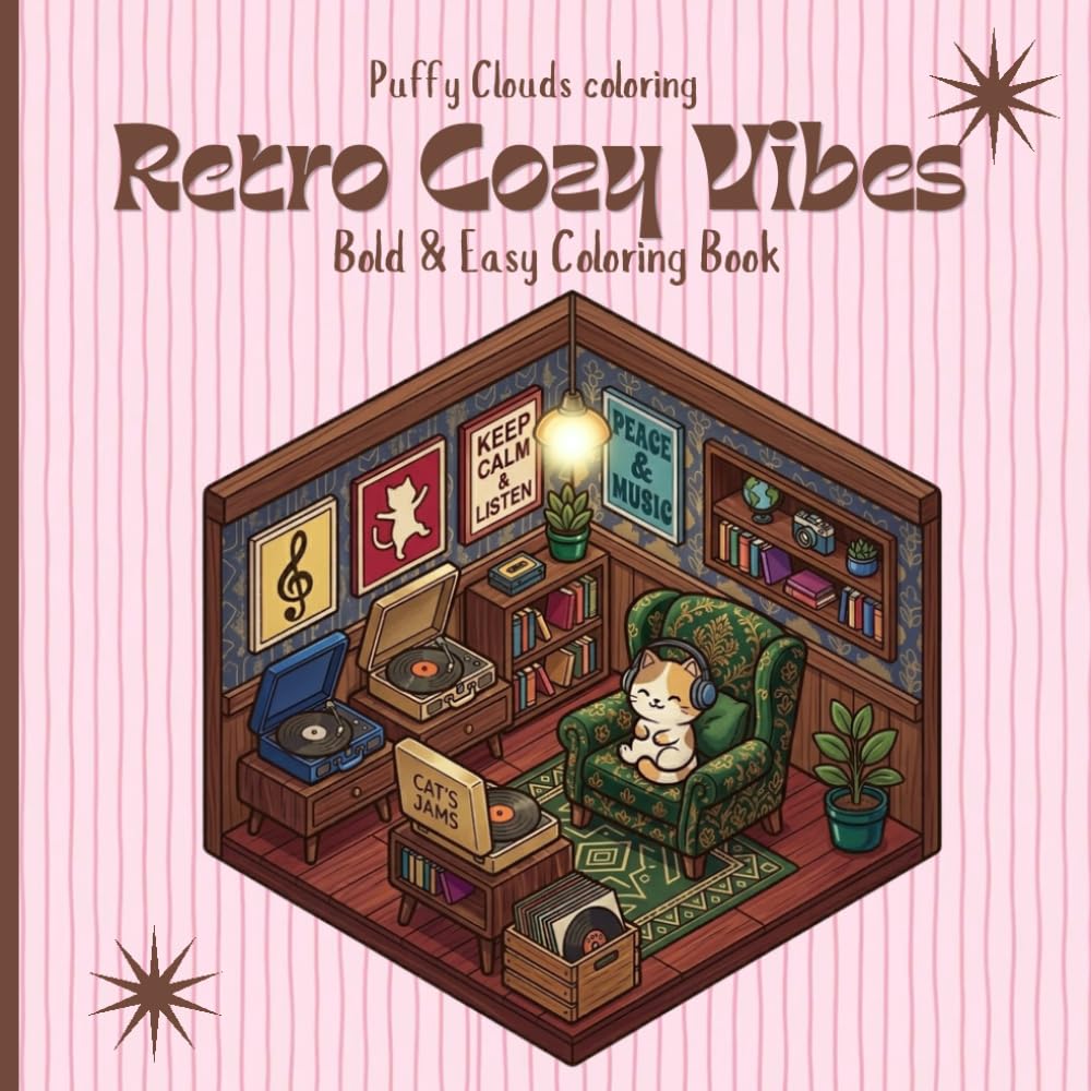 Retro Cozy Vibes: Bold and Easy Coloring Book for Adults with Nostalgic 80s & 90s Interiors for Stress Relief.