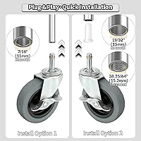 Vista 3 de Ruedas de vástago de 4 pulgadas, juego de 4 ruedas de goma con vástago de 7/16 pulgadas de diámetro y freno lateral, ruedas de repuesto de TPR
