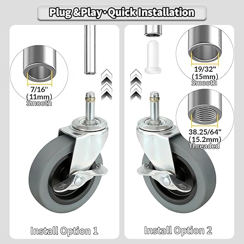 Miniatura 3 de Ruedas giratorias de vástago de 4 pulgadas, ruedas de goma de 716 pulgadas de diámetro, juego de 4 con freno lateral, ruedas de repuesto TPR