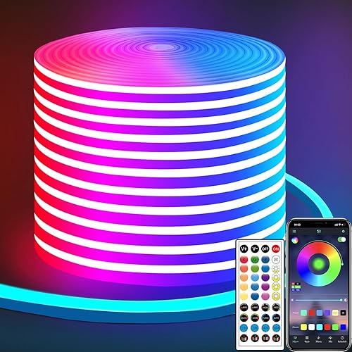 50ft LED Neon Strip Light with Remote APP Control IP65 Waterproof Flexible neon LED Rope Lights 24V RGB neon LED Lights for Bedroom Room Outdoors Décor
