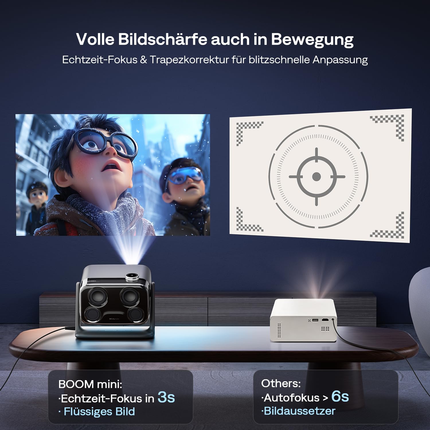 Aurzen Boom Mini 4-in-1 Smart Beamer mit Google TV, 4K Unterstützt Heimkino & Outdoor Projektor, 20W DoIby Audio, 500 ANSI Projector, ToF Autofokus & Trapezkorrektur, WLAN/Bluetooth/Handy (Schwarz)