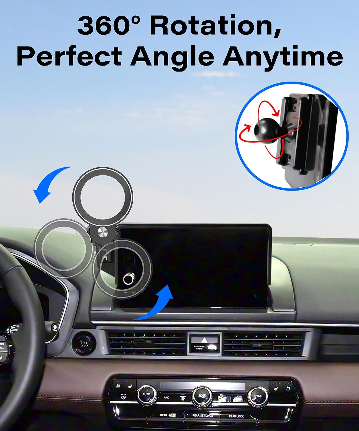 Car Phone Holder for Honda Pilot 2023 2024 2025 2026 Accessories Apply to 7/9 Inch Touch Screen Fixed Clip Magnetic Cell Phone Mount Hands-Free 360 Degree Rotation