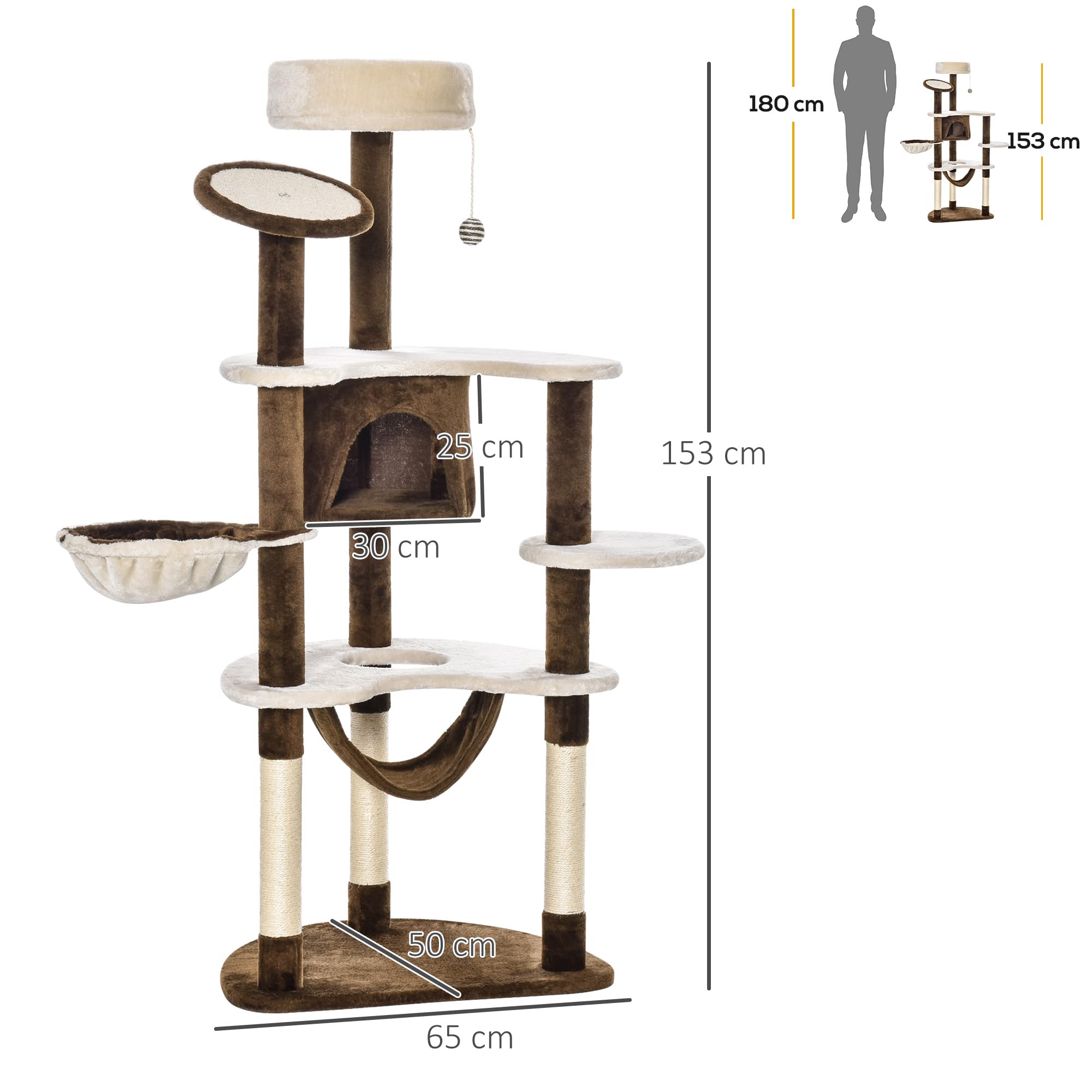 PawHut Árbol Rascador para Gatos Grande 65x50x153 cm Torre para Gatos Centro de Actividades con Múltiples Plataforma Poste Hamaca Bolas de Juguete y Cueva Marrón