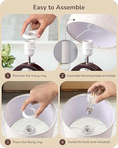 Miniatura 5 de EDISHINE Lámpara de mesa de madera de 13.4 pulgadas, pequeña lámpara de noche con pantalla de lino beige e interruptor de encendido y apagado, base