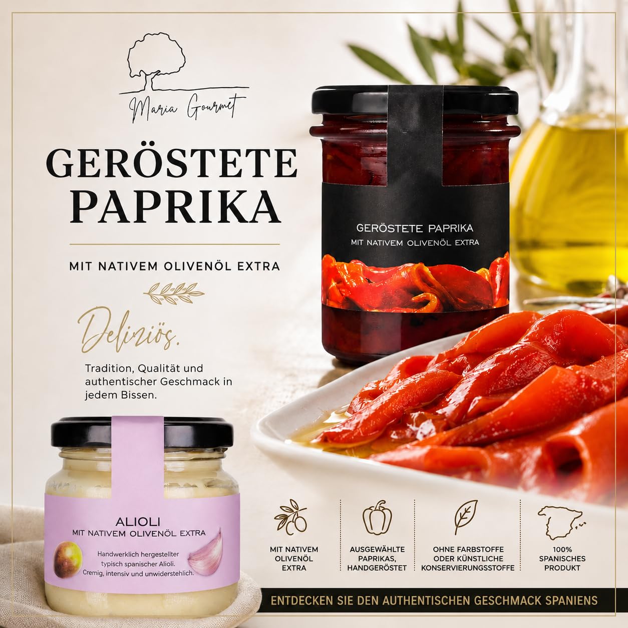 MARIA GOURMET Präsentkorb Tapas-Abend Feinkost Geschenkset Spanisch Spezialitäten Delikatessen Geschenkset Natives Olivenöl Extra Schinken Würstchen Box 2