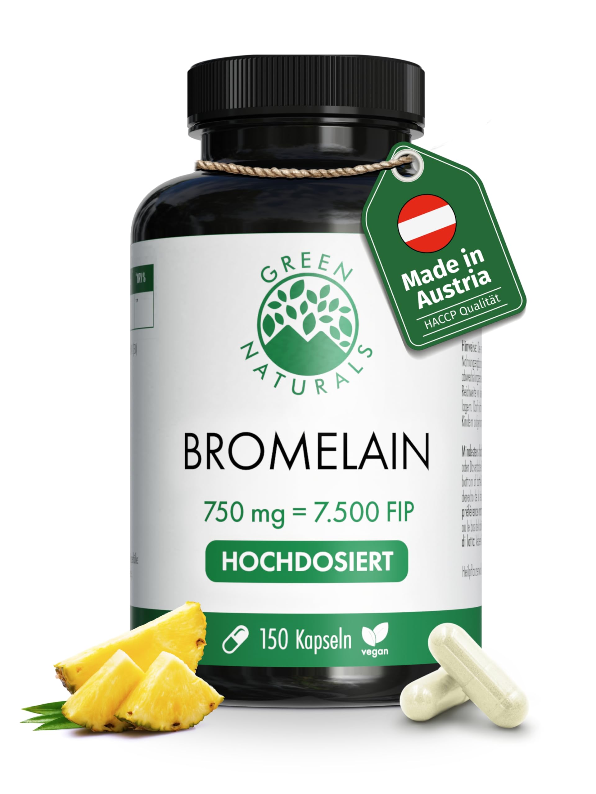 Green Naturals® Bromelain – Hochdosiert: 7.500 F.I.P (750 mg) aus natürlichem Ananas-Extrakt – magensaftresistente Kapseln – Vegan & laborgeprüft – 150 Kapseln (5 Monate)