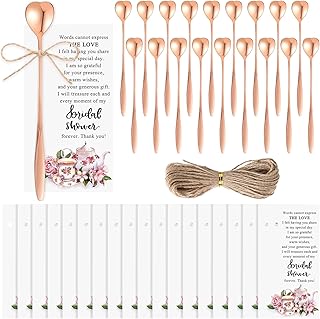 Tea Party Bridal Shower Favors Mini Coffee Spoons Small Tea Spoons Heart Shaped Spoon with Bridal Shower Thank You Cards and Hemp Rope Wedding Souvenirs Tea Party Favor (50, Rose Gold)