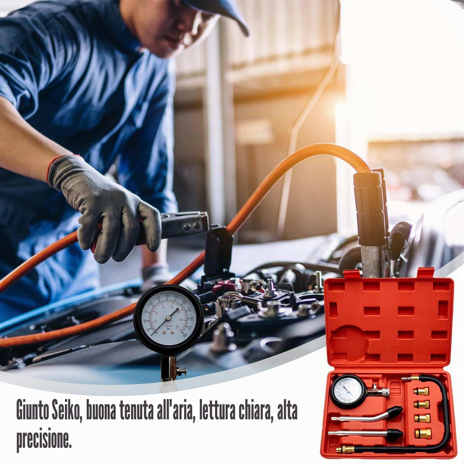 Tester di compressione: kit tester di compressione, misuratore di compressione benzina, manometro strumento per test moto, motore fuoribordo auto, motoslitta auto benzina motore a gas