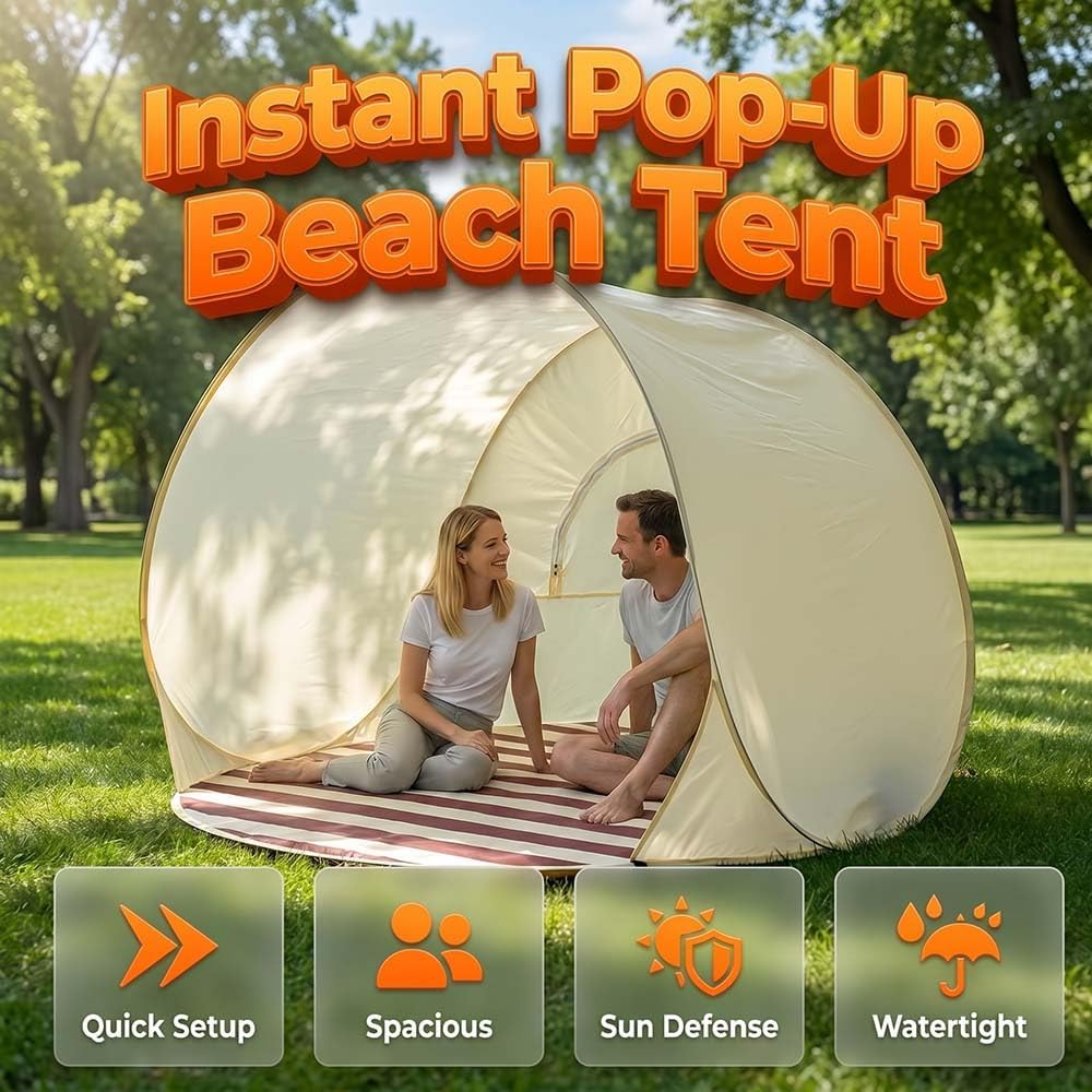 2 Pack Pop Up Beach Tent, 2026 Upgrade Portable Outdoor Sun Shelter with Mesh Ventilation, Summer Beach Essentials for Outdoor Beach, Park, Backyard (2)