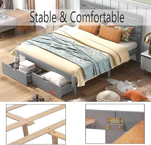 Miniatura 6 de Base de cama Queen con cajón de almacenamiento, base de cama de plataforma con cabecero, cámaras de base de colchón, soporte de listones de madera,