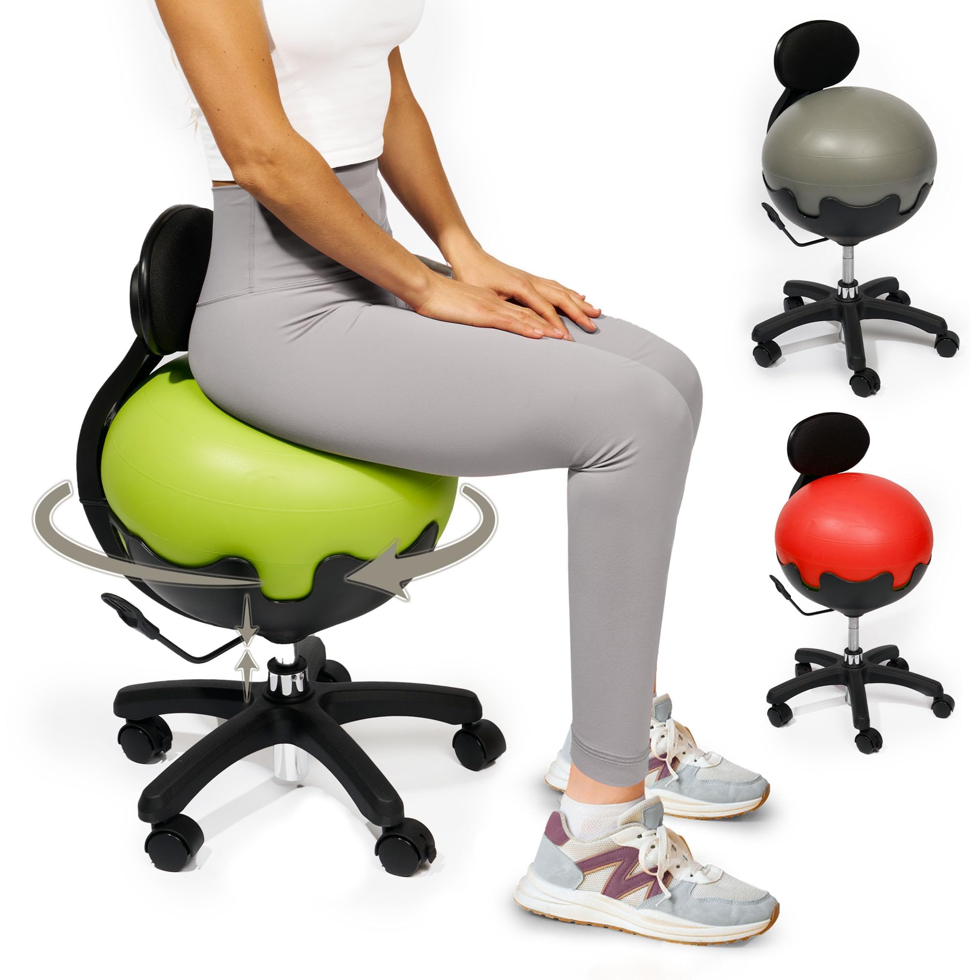 Aeromat Green Yoga Ball Chair with Back Support - Exercise Ball Chair for Office and Home Height Adjustable, Balance Ball Chair, Bouncy Chair Adult, Ergonomic Ball Office Chair, Sitting Ball for Desk