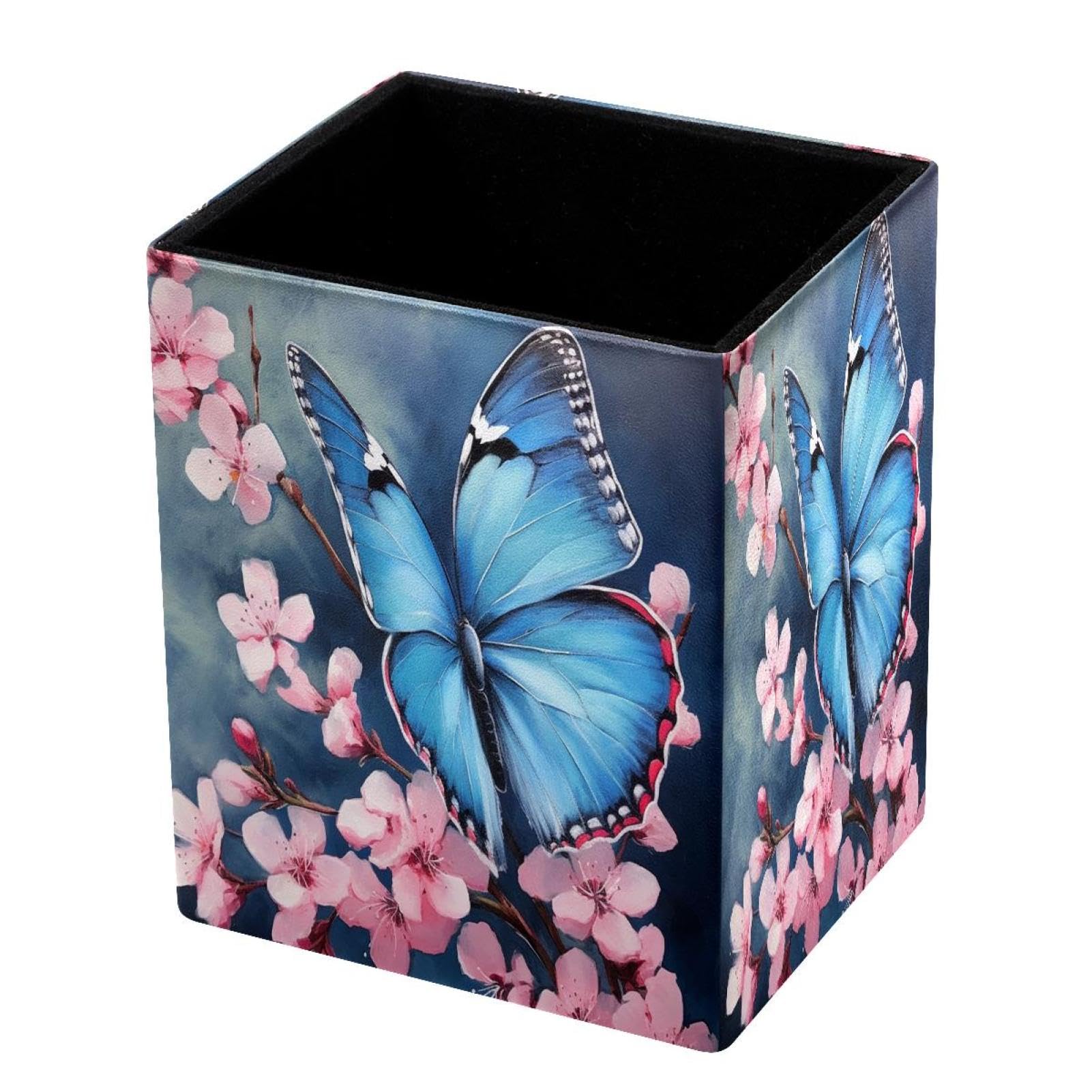 DragonBtu Desktop Pencil Holder, Blue Butterfly Cherry Blossom Rectangular Pencil Cup, Pencil Storage Bag Office Desk Supplies Case for School, Kids