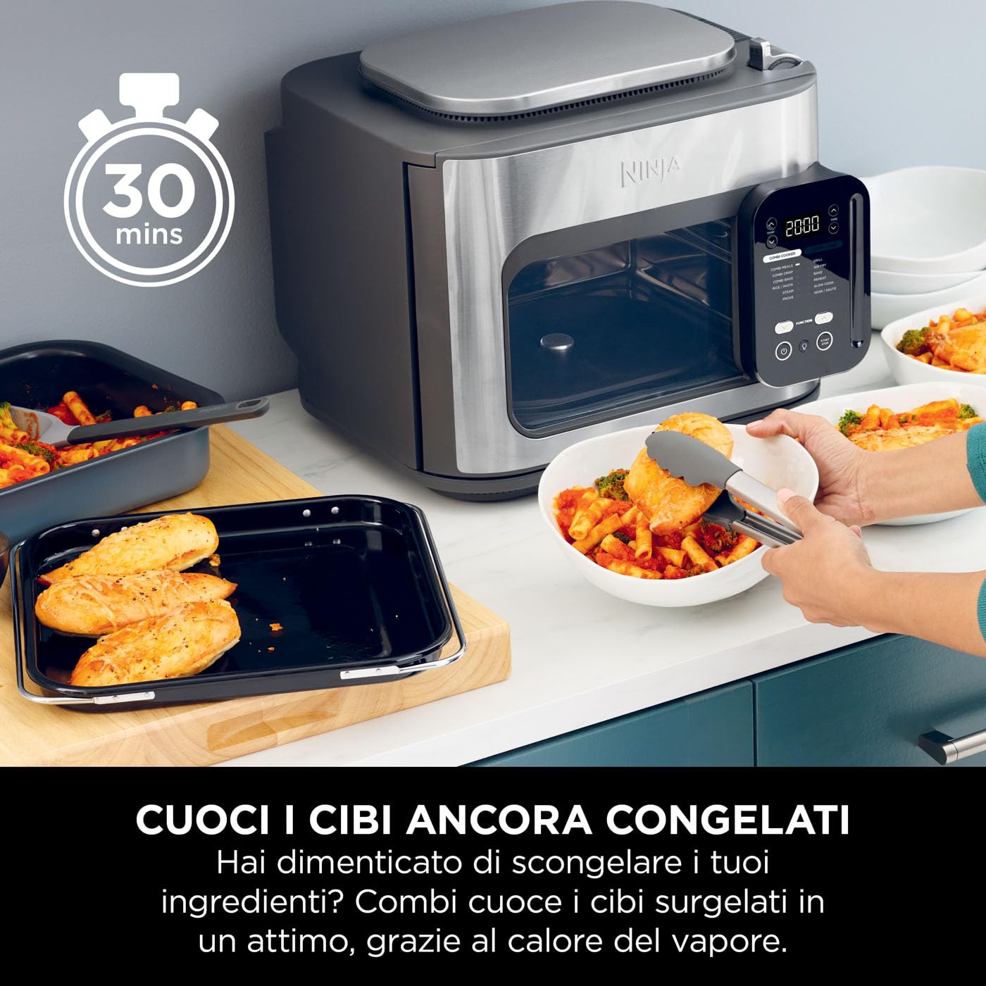 Ninja Combi 12-in-1 Multicooker, Forno e Friggitrice ad Aria, Grigio | 12 Funzioni di Cottura, Pasti per la Famiglia in 15 Minuti*, Include Teglia, Padella e Guida alle Ricette, SFP700EU