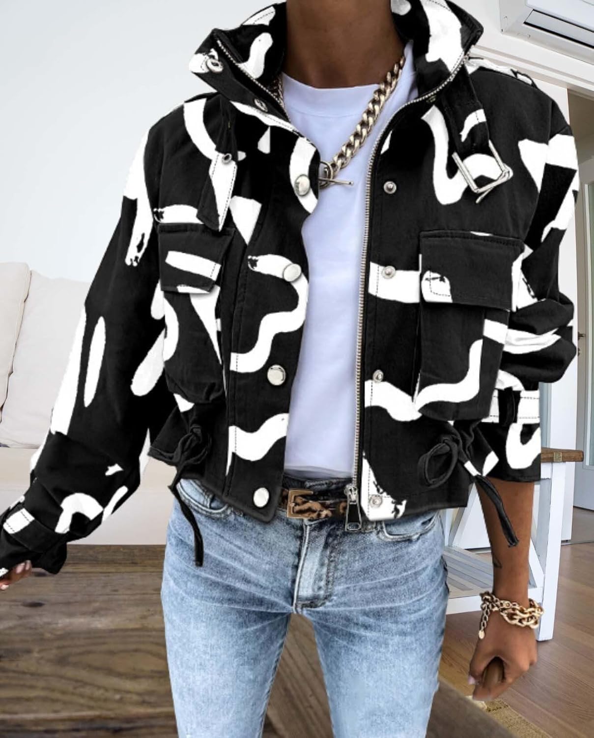 2025 Fall Winter Womens Digital Print Motorcycle Jacket Long Sleeve Unique Jacket Short Jacket - Image 3
