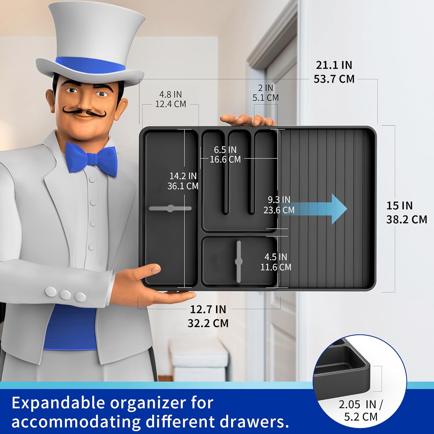 MR.SIGA Expandable Silverware Organizer, Flatware Organizer for Drawer, Utensil Organizer and Adjustable Cutlery Tray for Kitchen Drawer, Black