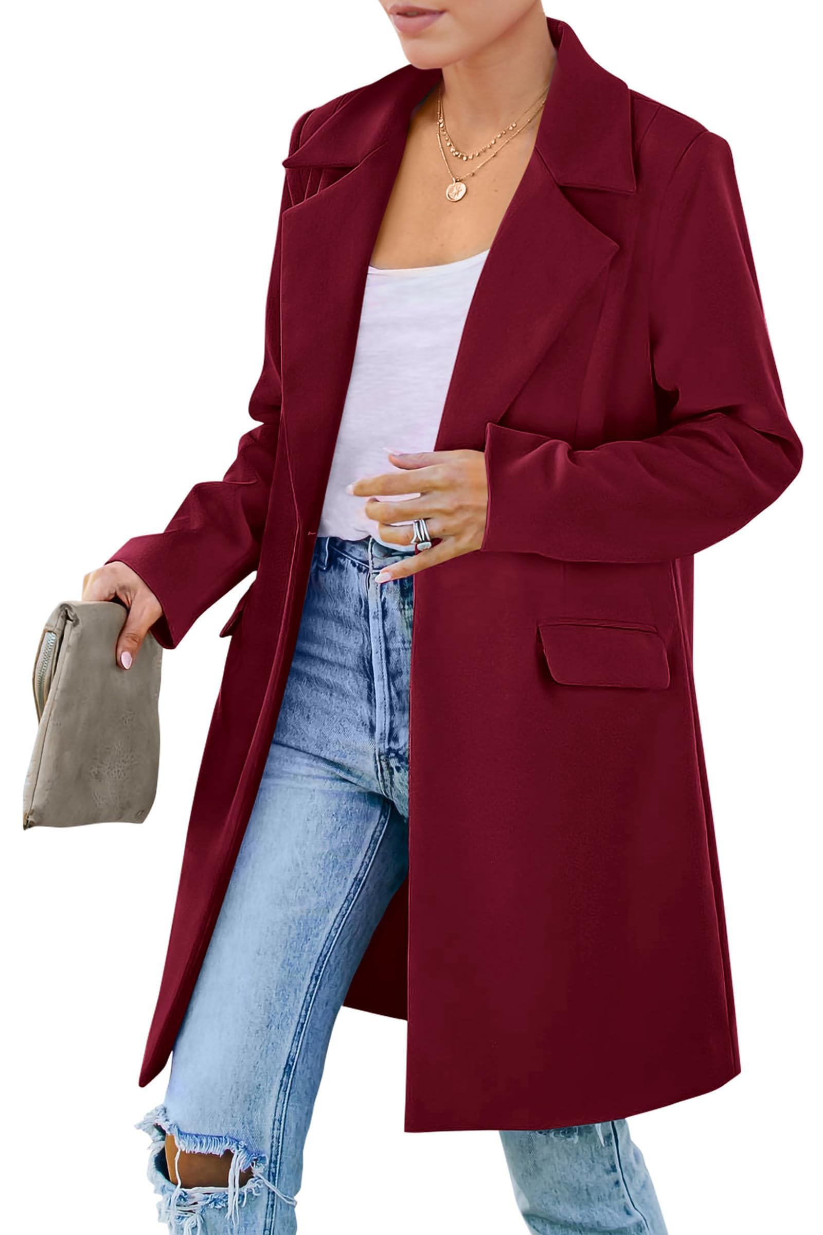 Womens 2025 Spring Fall Long Lapel Coat Open Front Trench Coat Casual Long Sleeve Blazers Outerwear with Pockets