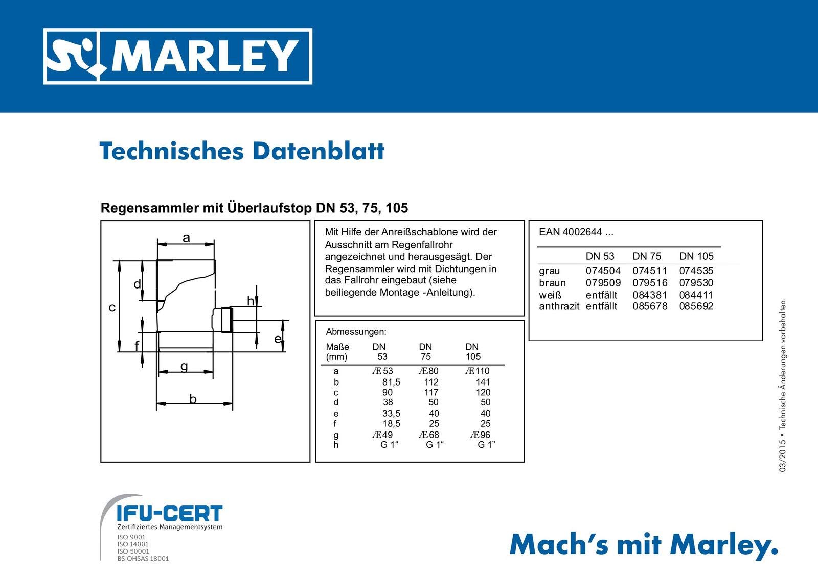 Marley Regensammler für Fallrohr mit Überlaufstop DN 75mm Regenrohr Regenwasser Fallrohrfilter weiß