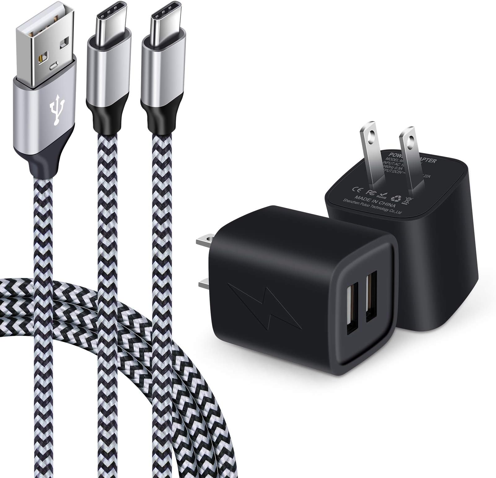 USB Wall Charger Block Dual Port Charger Plug Phone Charger Adapter with 2 Pack 6FT Fast Charging Type C Cable Data Sync Cord for Samsung Galaxy S21 S20 S20FE Note 20, LG Stylo 6 5 4, Pixel 5 4a 4XL