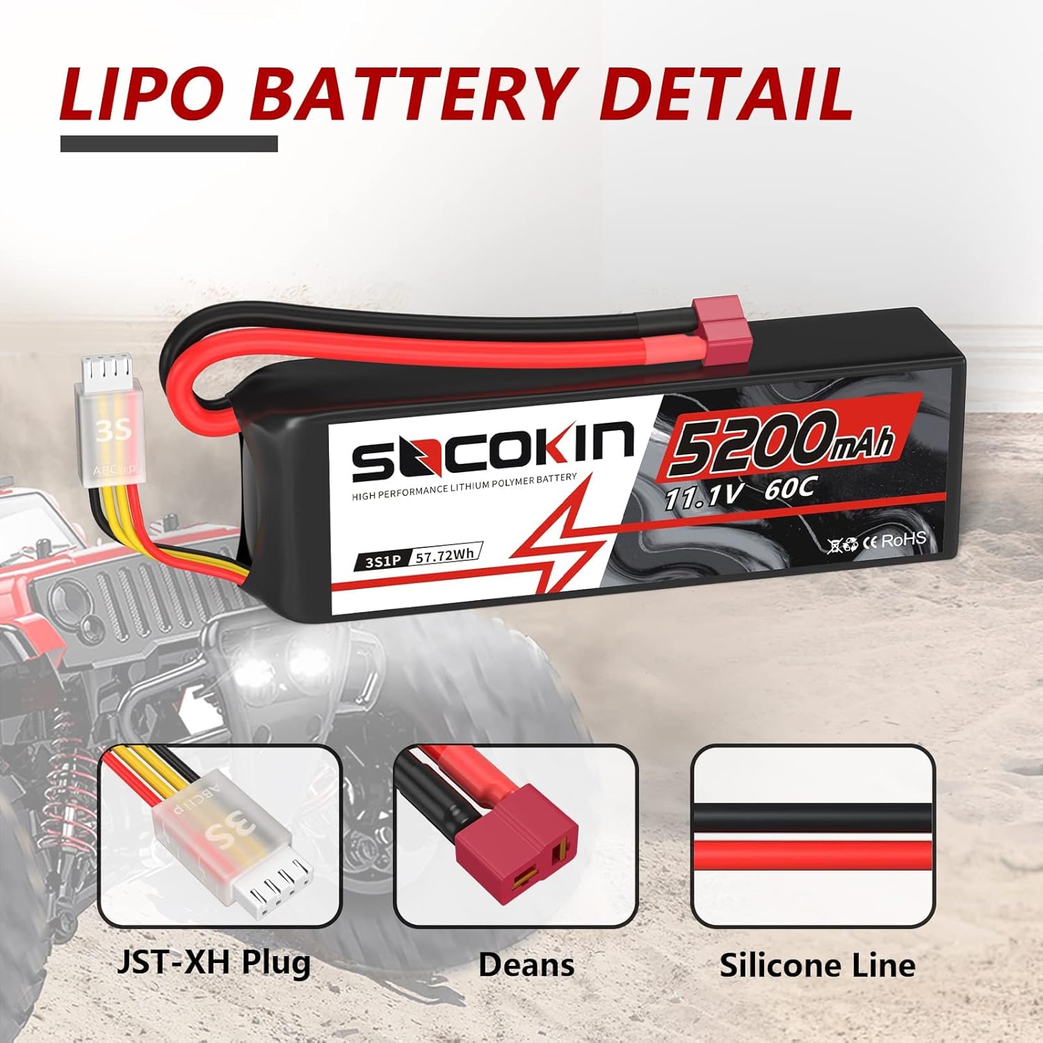 11.1V 5200mAh Lipo Battery 3S with Deans T Plug Lipo Battery 60C for RC Car Model RC Racing Car Heli Airplane Quadcopter Helicopter Soft Case