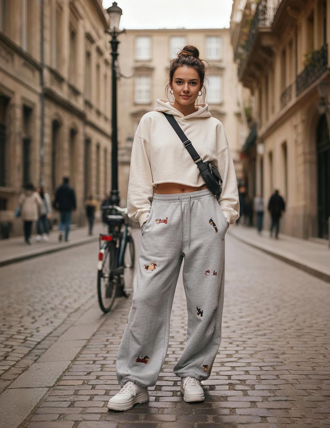 Vamtac Embroidery Puppy Baggy Sweatpants Wide Leg Pants Unisex Drawstring Casual Y2k Barrel with Pockets