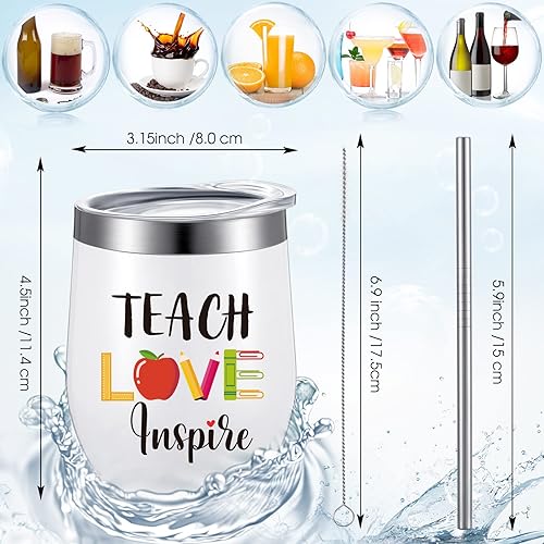 Miniatura 8 de Vaso de vino de 3 piezas de 12 onzas con texto en inglés "Teach Love Inspire - It Takes a Big Heart To Help Shape Little Minds - Bolsa de cosméticos