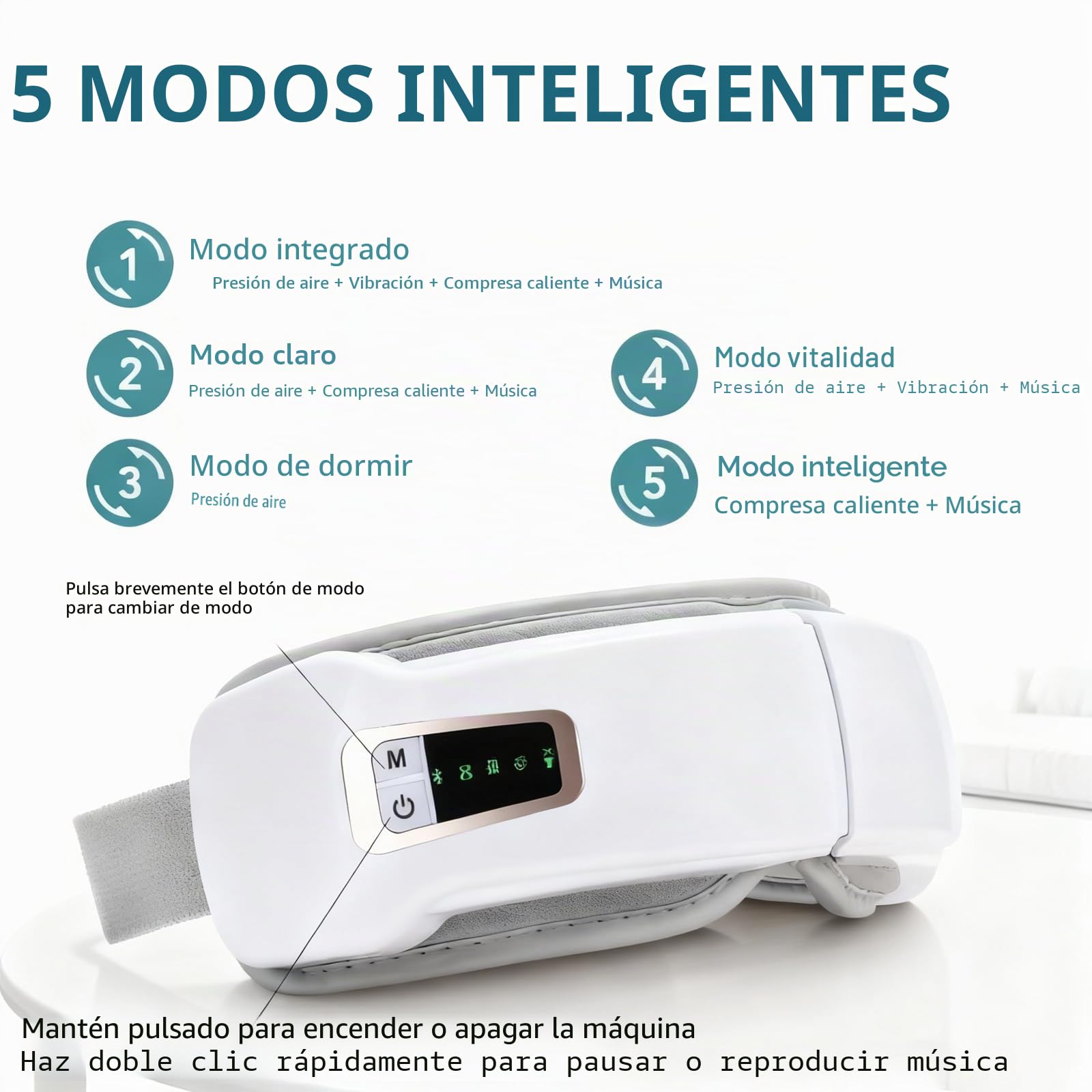 Masajeador de ojos 4 en 1 con calor y Bluetooth, antifaz eléctrico - 5 modos, 3 niveles de temperatura y masaje de presión de aire - Batería de 1200 mAh para viajes y oficina - Contra la fatiga ocular