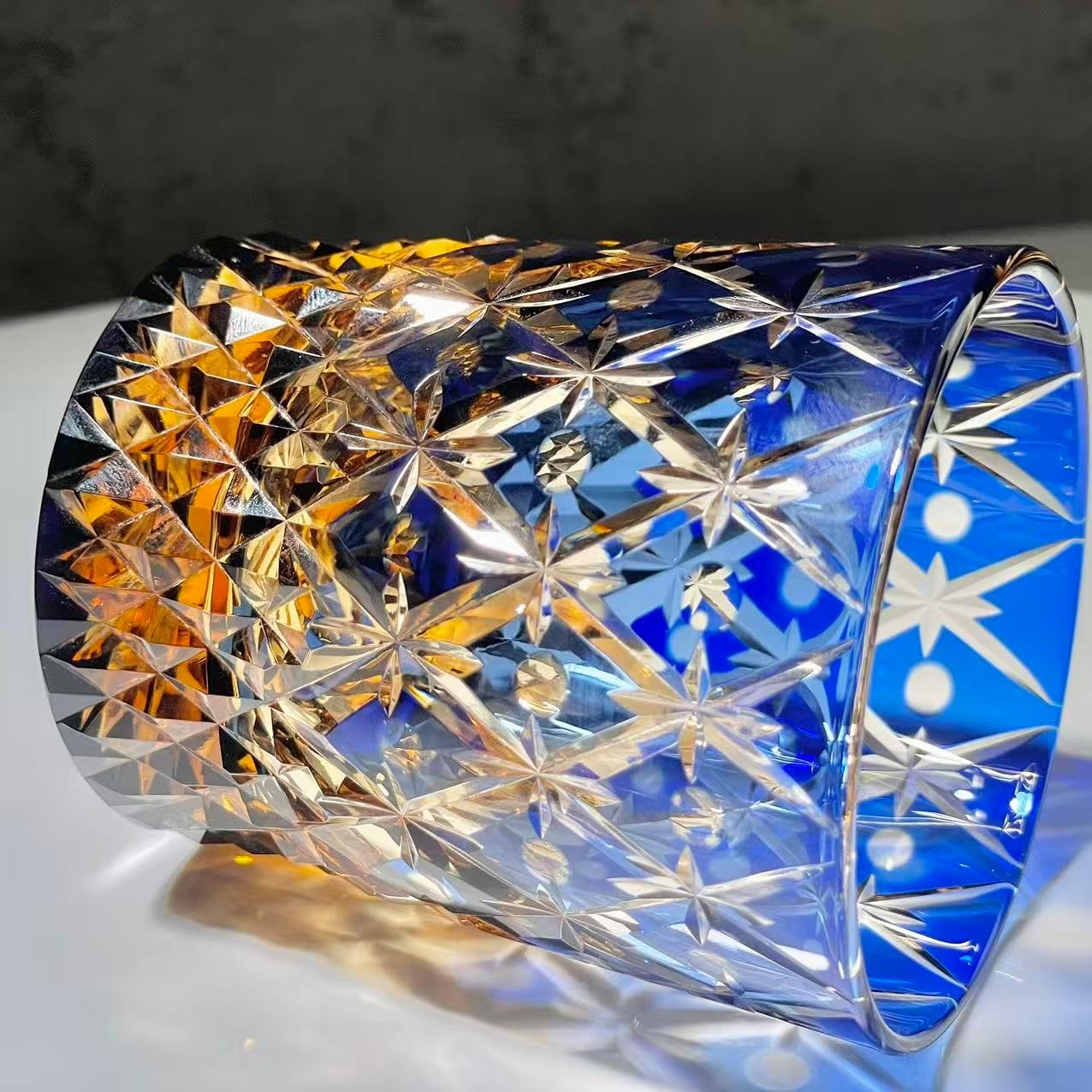 suigetsu Crystal Cut Whiskey Glass, Traditional Japanese Edo Kiriko Style, The colors of the American flag Hand-Cut Glass, Diamond Pattern, for Liquor and Cocktails (Blue)