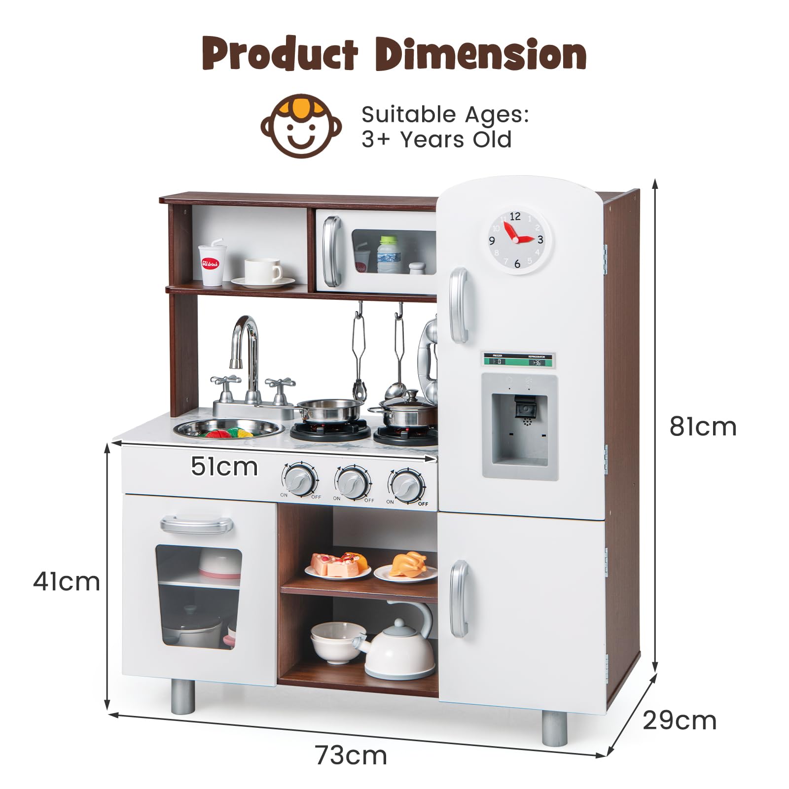 HOMASIS Cucina Giocattolo in Legno, Cucina per Bambini con Suoni e Luci, Cucinetta con Microonde, Forno, Distributore di Acqua, Frigorifero, Set da Cucina per Bambini dai 3 Anni in su, Bianco