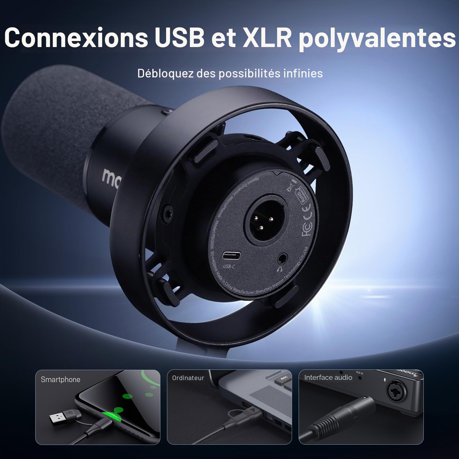 MAONO Microphone de Podcast XLR/USB, Microphone Dynamique PC avec Perche et Bouton de sourdine, Microphone Vocal pour Streaming, Studio, Jeux et Enregistrement, PD300XS