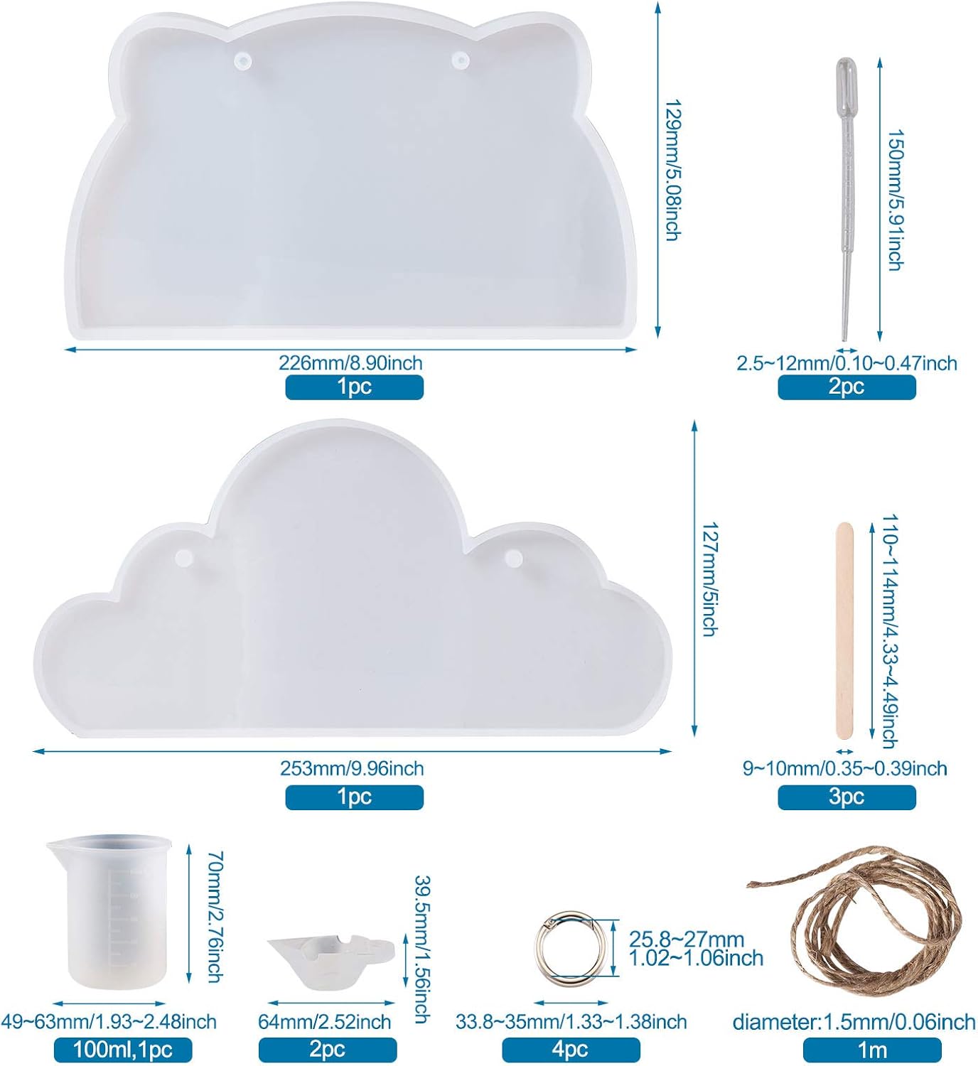 FASHEWELRY 2Pcs Cat Cloud Door Wall Hanging Molds Doorplate Silicone Molds with Measuring Cup & Plastic Droppers & Stirring Bowl & Gate Rings & Hemp Cords for DIY Craft Project
