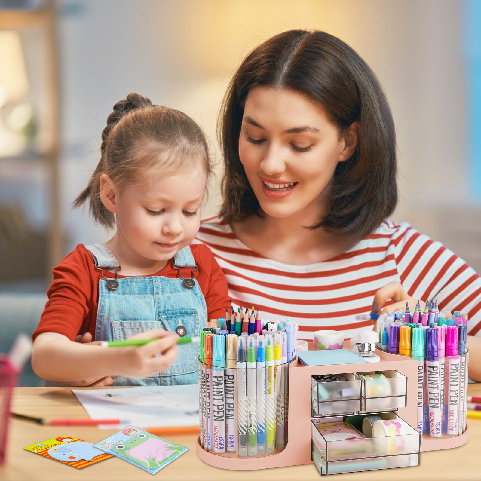 RETON Organizer da scrivania girevole con 2 portapenne, organizer multifunzione con 3 cassetti, 10 scomparti, portapenne per scrivania, scuola, casa, ufficio