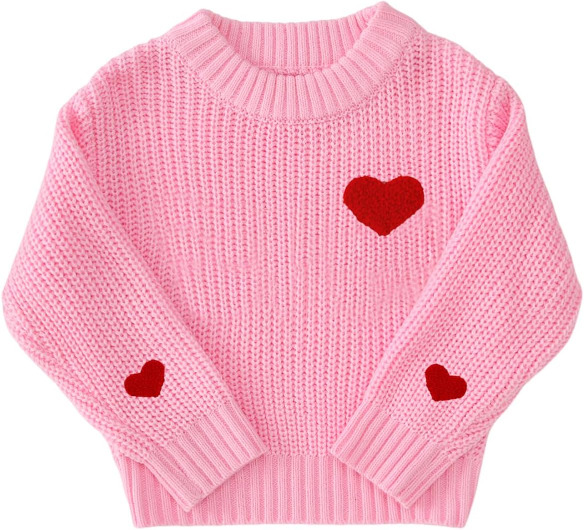 Toddler Baby Girl Valentines Day Outfit Love Heart Embroidery Kint Sweater Crewneck Long Sleeve Cute Winter Clothes