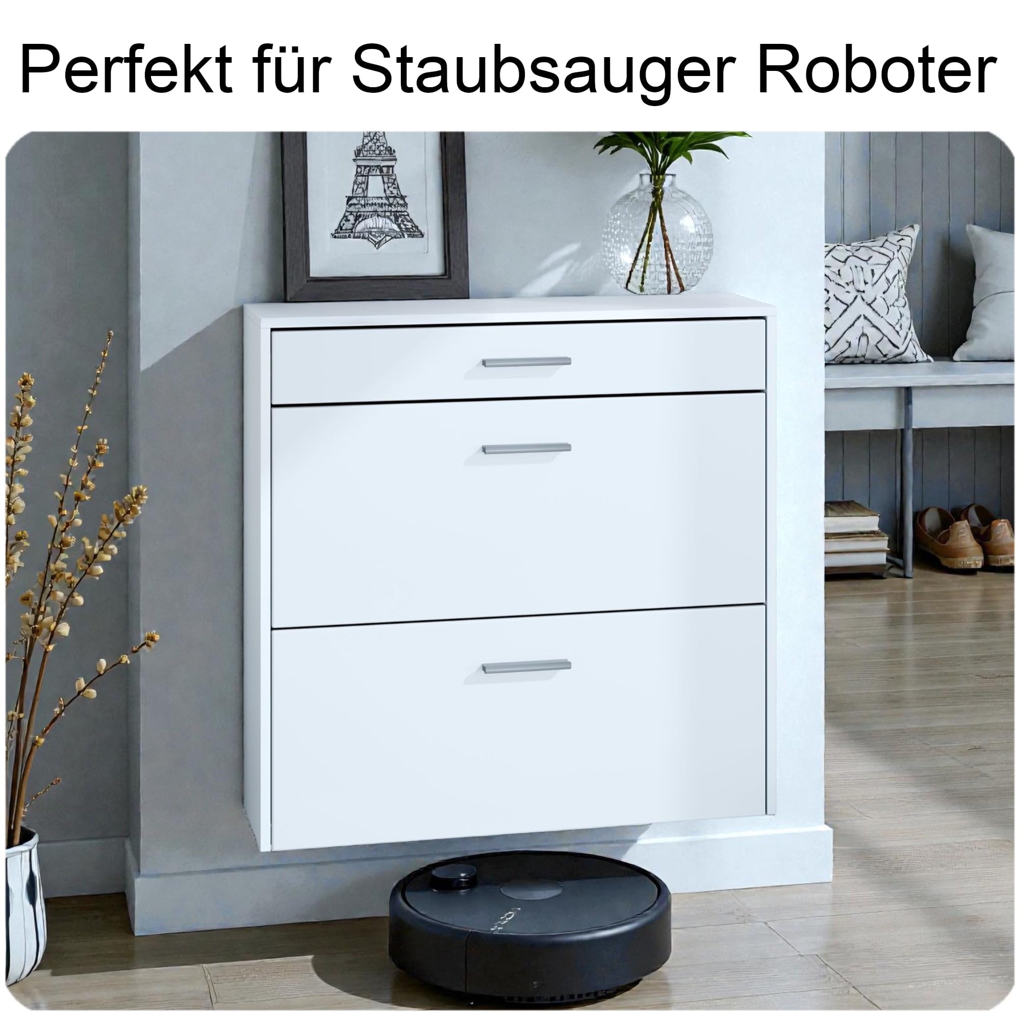 hängender Schuhschrank Roma Air Schmal mit 2 Klappen und 1 Schublade, Platzsparender Schuhkipper Flurschrank für Diele Flur Garderobe, Weiß matt/Weiß Hochglanz (89 x 87 x 23 cm)
