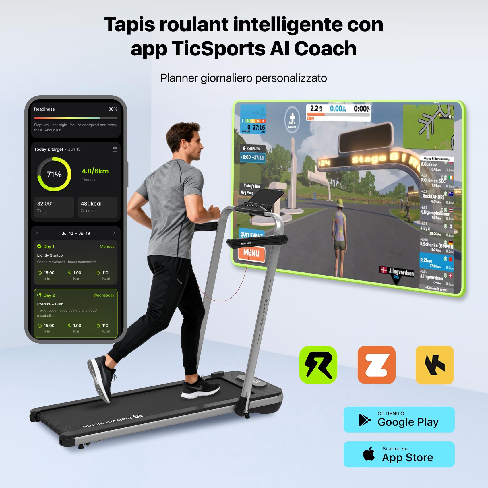 Mobvoi Home Treadmill SE Tapis Roulant AI Intelligente Elettrico 1-12km/h Pieghevole 3 in 1 Tappetino da Passeggio Portatile Compatto da 2,5 HP con Display LED Telecomando TicSports APP 120 kg