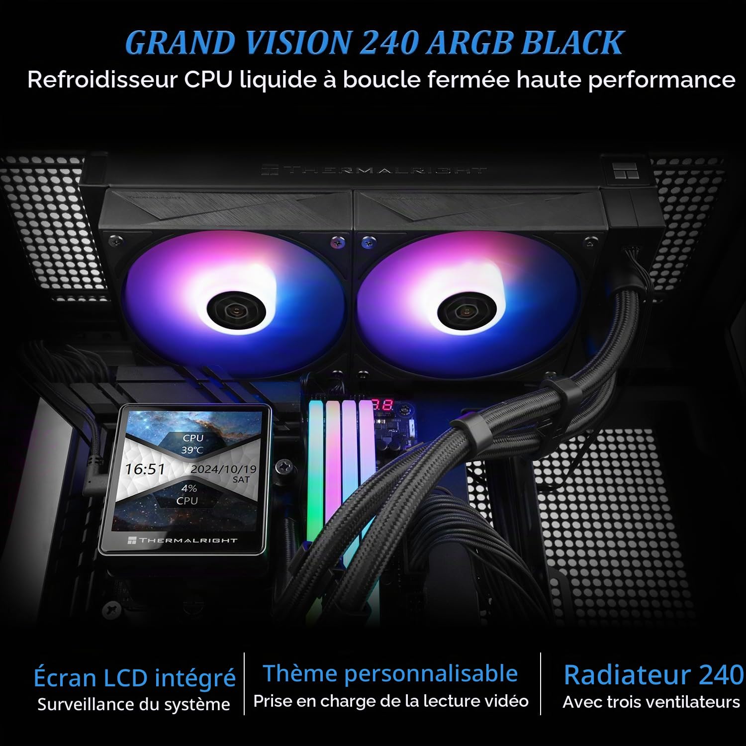 TR Grand Vision 240 ARGB Black AIO CPU Liquid Cooler,IPS LCD Screen with 480x480 Resolution,for AM5/LGA1851/1700,3.4 inch’Magnetic-Absorbing LCD Screen for Images -Black