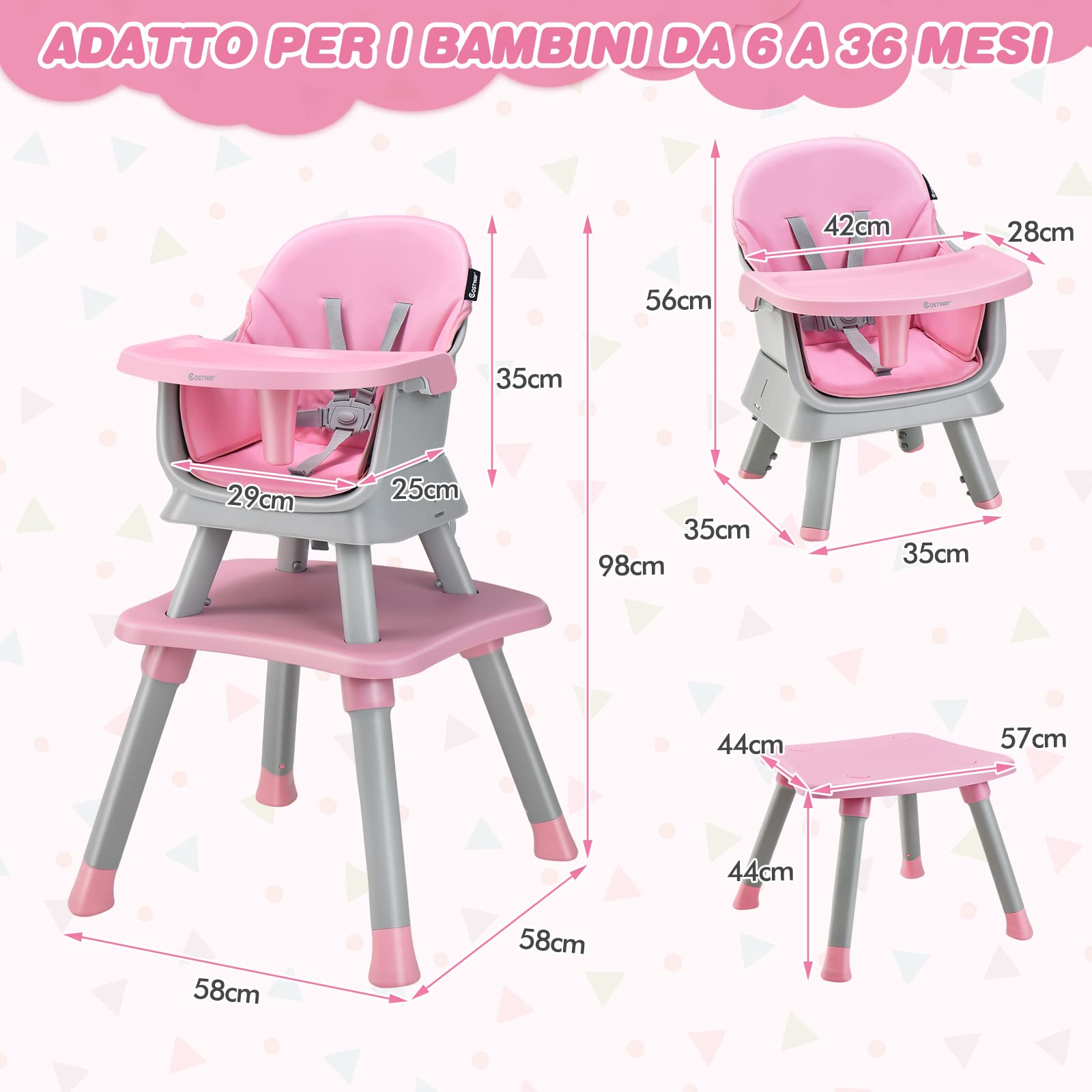 COSTWAY 6 in 1 Seggiolone Pappa per Bambini, Seggiolone per Neonati Convertibile, con Vassoio Rimovibile e Regolabile, Imbracatura a 5 Punti, Tavolo per Costruzioni, per Bambini 6+Mesi (Rosa)