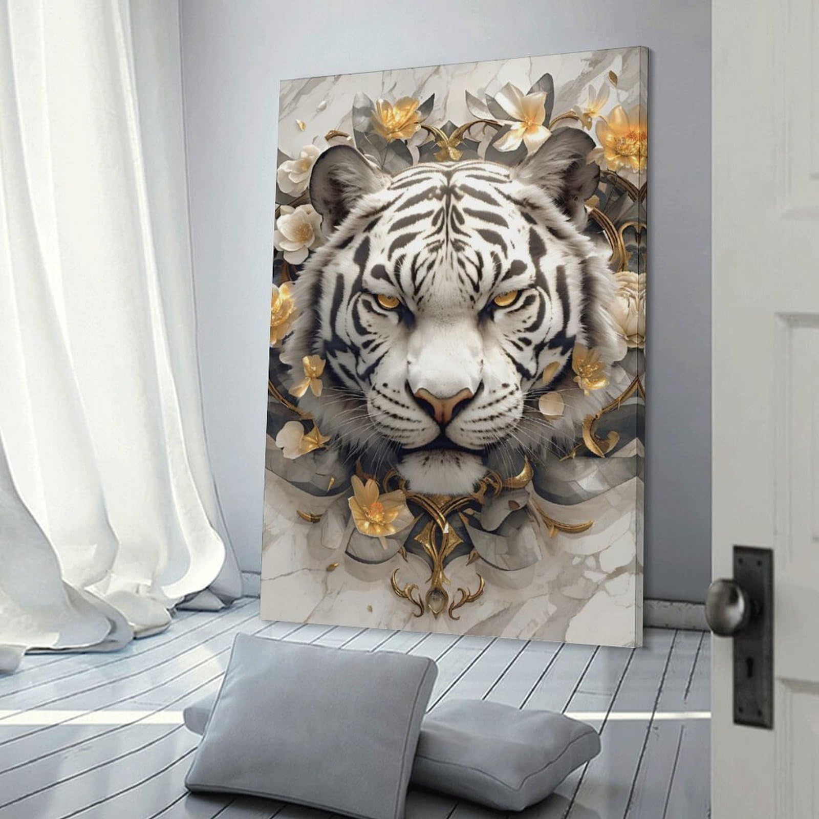 Junmoney Frame-Style-19 White Tiger With Golden Floral Accents Decorative Wall Artwork, 12X18inch(30X45cm), For Hallway, Lounge Or Guest Room, Decorative Present For New Homes