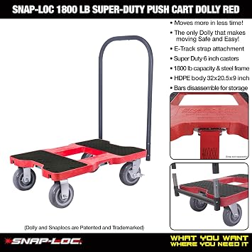 SNAP-LOC 1800 LB Super-Duty Push CART Dolly RED with Steel Frame, 6 inch Casters, Push Bar and Optional E-Strap Attachment