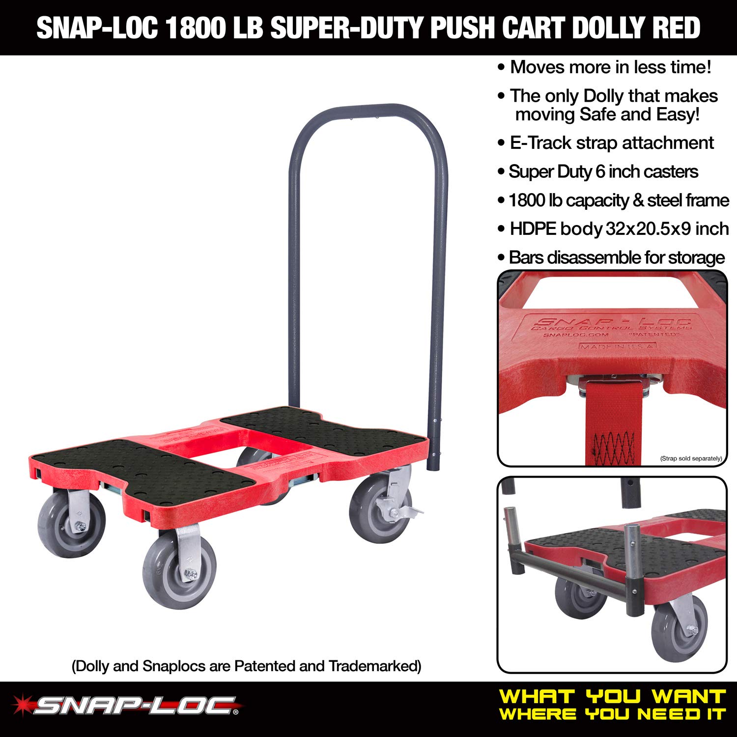 Flаѕh Sаlе SNAP-LOC 1800 LB Super-Duty Push CART Dolly RED with Steel Frame, 6 inch Casters, Push Bar and Optional E-Strap Attachment