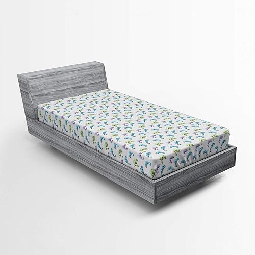 Ambesonne Reptile Fitted Sheet, Watercolor Style Pattern with Chameleon Animals on Branches Exotic Forest Theme, Bed Cover with All-Round Elastic Deep Pocket for Comfort, Twin XL Size, Aqua Mint