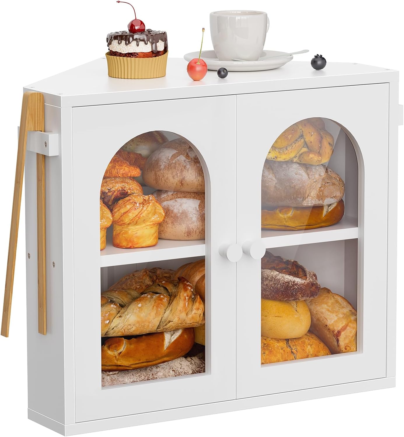 WOWLIVE Corner Bread Box for Kitchen Countertop, 2 Tier Bamboo Bread Storage Container for Homemade Bread with Clear Acrylic Door Panel, Large Bread Bin Farmhouse Breadbox Organizer (White, Medium)