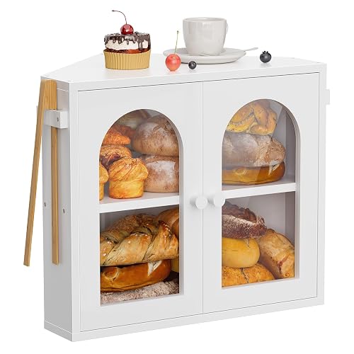 WOWLIVE Corner Bread Box for Kitchen Countertop, 2 Tier Bamboo Bread Storage Container for Homemade Bread with Clear Acrylic Door Panel, Large Bread Bin Farmhouse Breadbox Organizer (White, Medium)