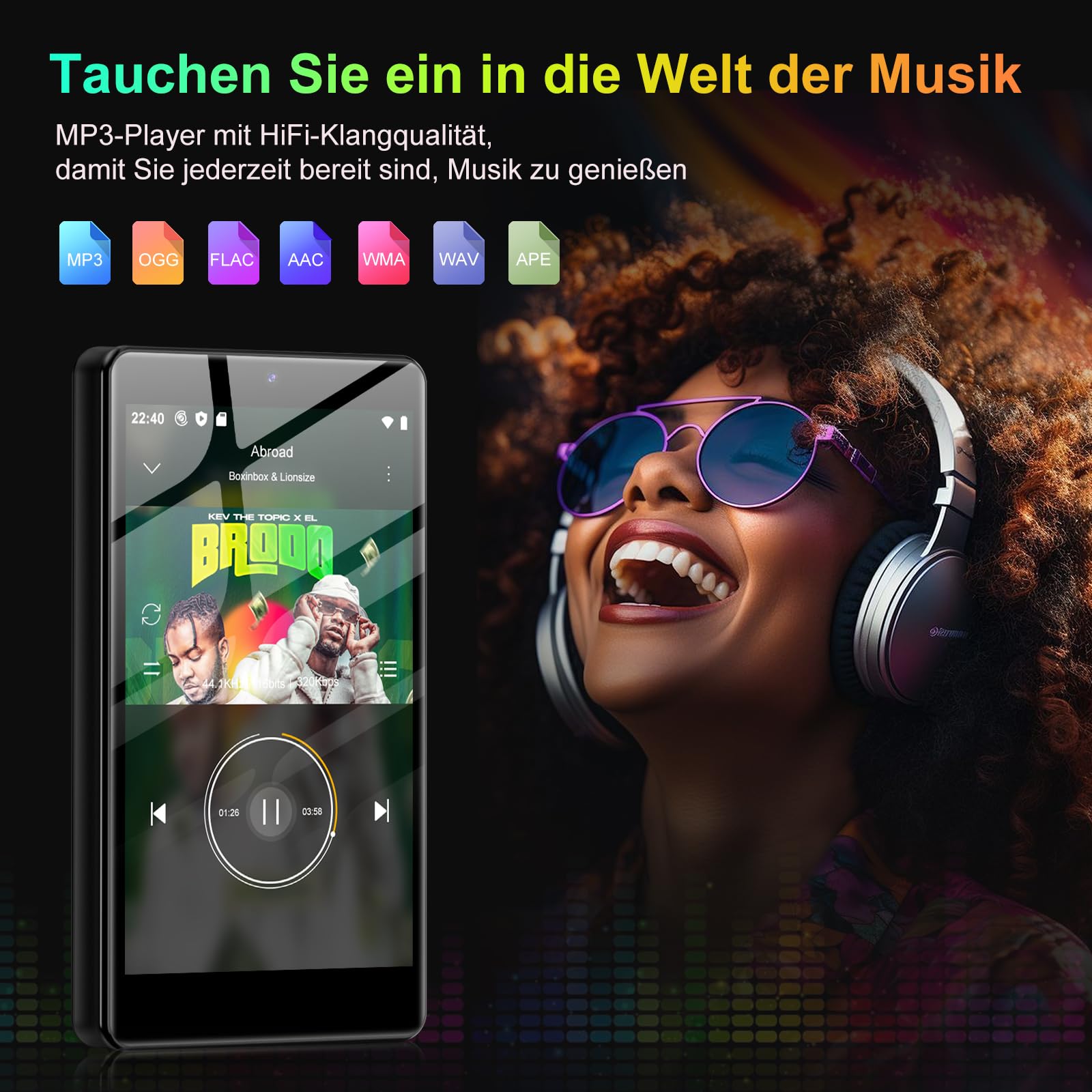96GB MP3 Player with Bluetooth, WLAN, Camera 4.02 Inch Touchscreen | Android 13 MP3 player mit spotify, 2000 mAh, Lautsprecher, Deezer, Audible, Play Store, bis 1TB erweiterbar, Black