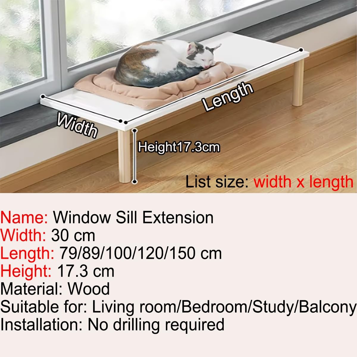 Estante de madera para alféizar de ventana para gatos, percha ajustable de 31 a 59 pulgadas con 2 patas de apoyo, estudio y descanso